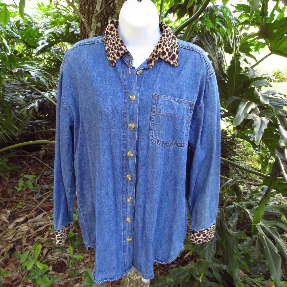 Vintage Made in USA Denim Cheetah faux Fur Print Trim Shirt Size 6